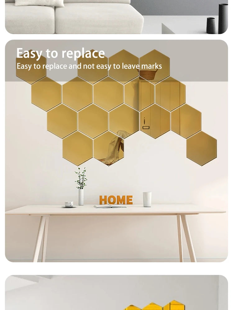 Hexagonal Mirror Wall Decals | Self-Adhesive 3D Acrylic Decorative Mirrors | Creative Wall Decals for Living Rooms and Bedrooms