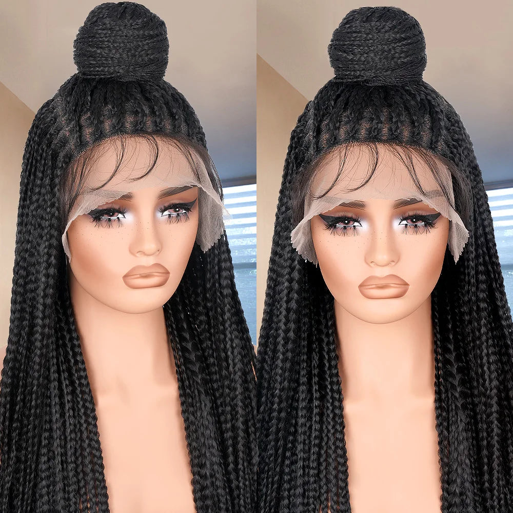 Boho Knotless Box Braided Wigs Full Double Lace Short Braid Wig for Black Women Human Hair Blended Braided Wig with Boho Curls