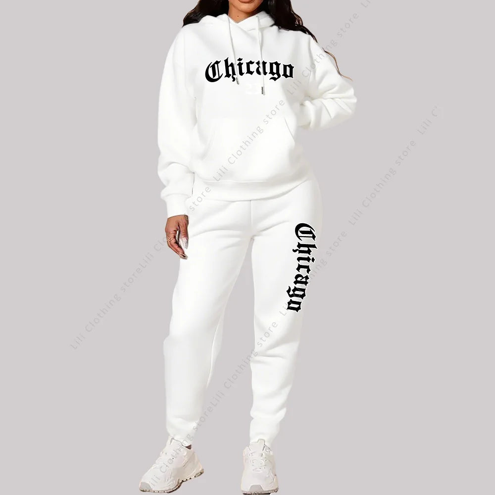 Jogging Femme 2 Pièces | Sweat Capuche & Pantalon | Imprimé Chicago Lettre | Grande Taille Rose