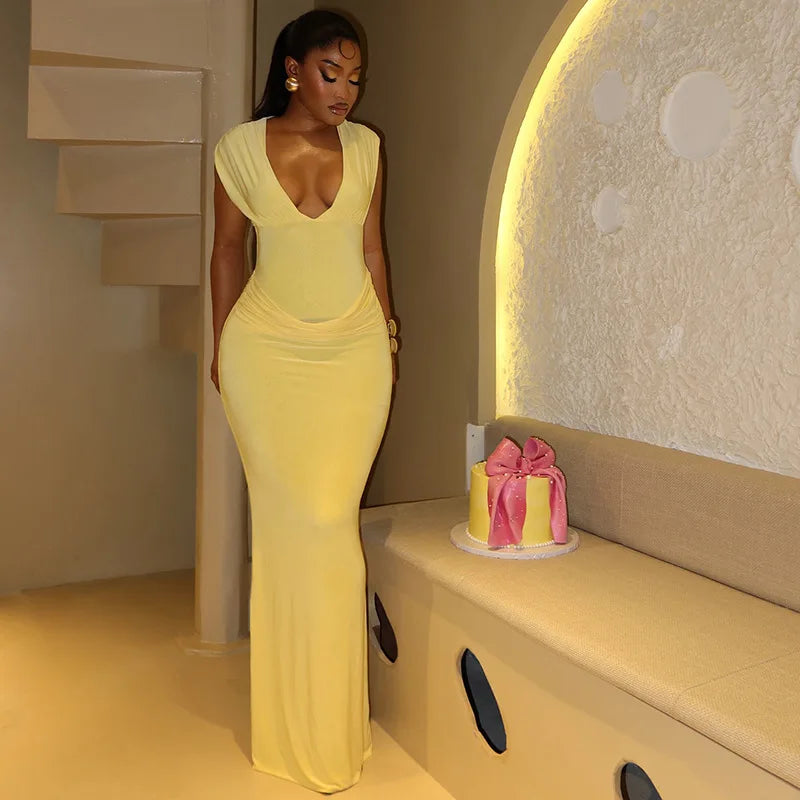 Robe Maxi Bodycon Jaune Froncée | Col V Sans Manches | Slim Longue | Soirée & Club | Femme