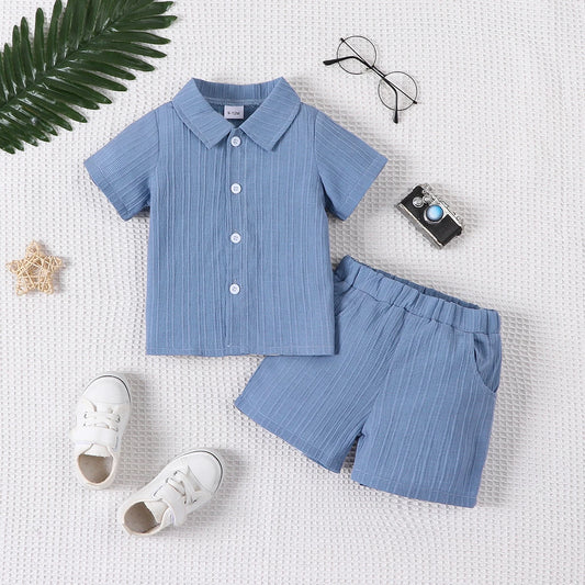 2-piece baby boy fashion casual woven jacquard fabric short-sleeved shirt top and shorts set
