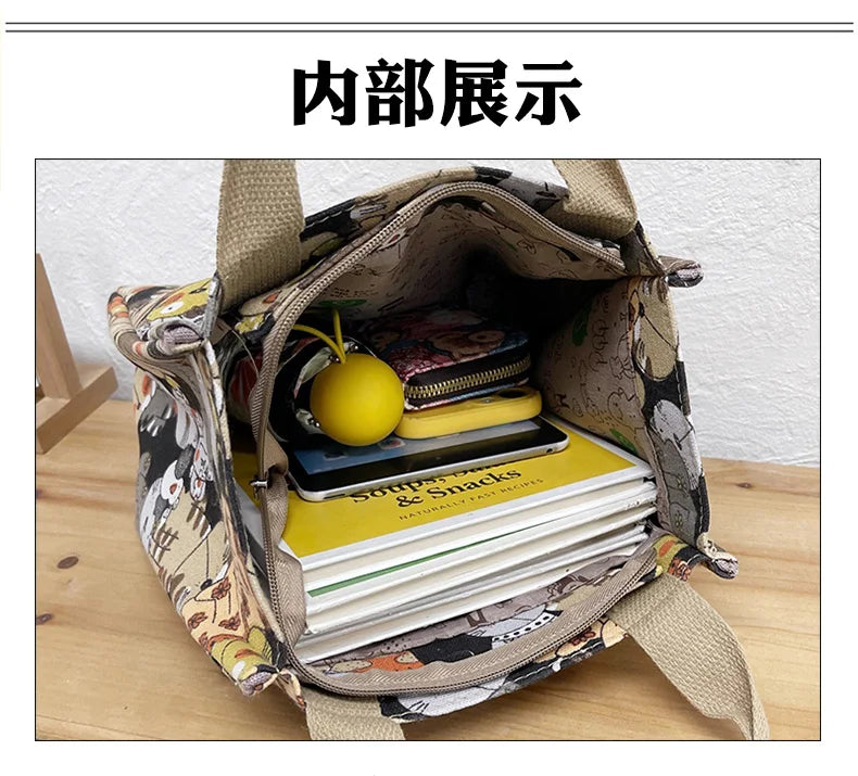 Fashionable Top-Handle Bag with Cute Cat Pattern, Portable Mommy Bag for Women