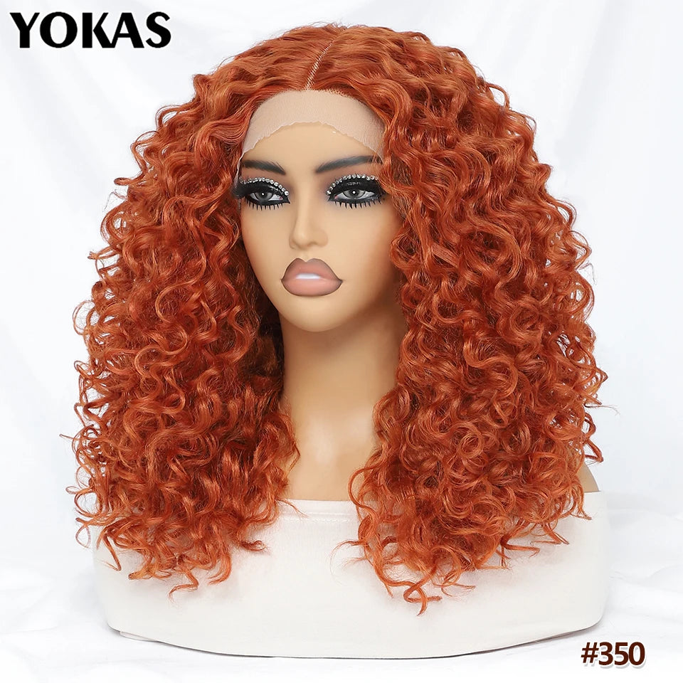 20 Inch Curly Synthetic Lace Front Wig For African Women Black T Part Blonde Curly Lace Frontal Wig For Afro Female