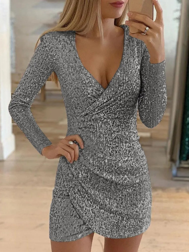 Dresses For Women 2025 Sexy Deep V-Neck Silver Sequin Mini Bodycon Dress Spring Autumn Long Sleeve Party Dress Female