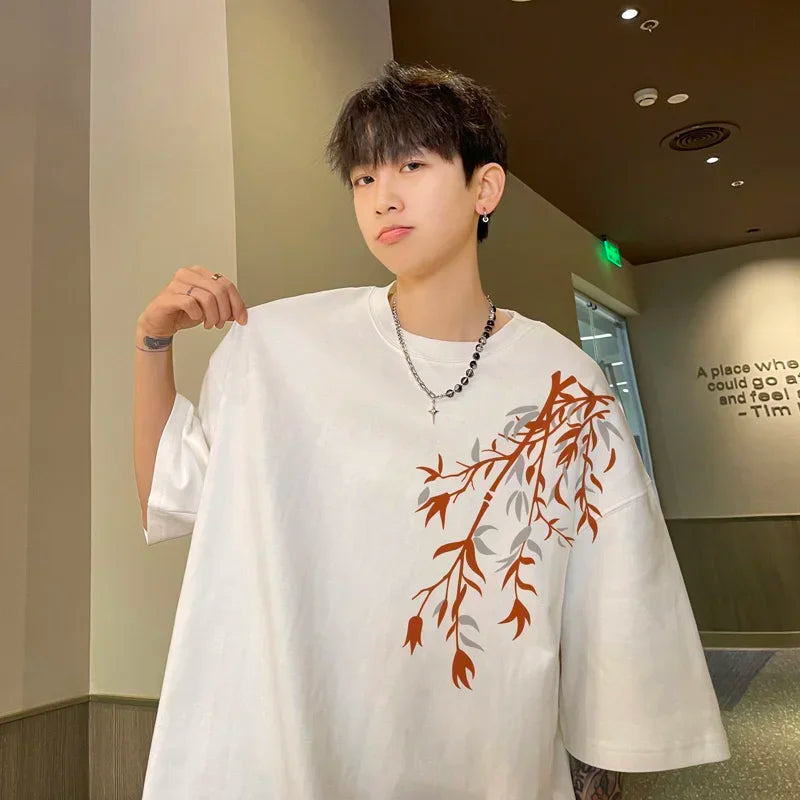 T-Shirt Homme Oversize Coton | Blanc | Imprimé Bambou | Jusqu'au 5XL | Casual Été Mode