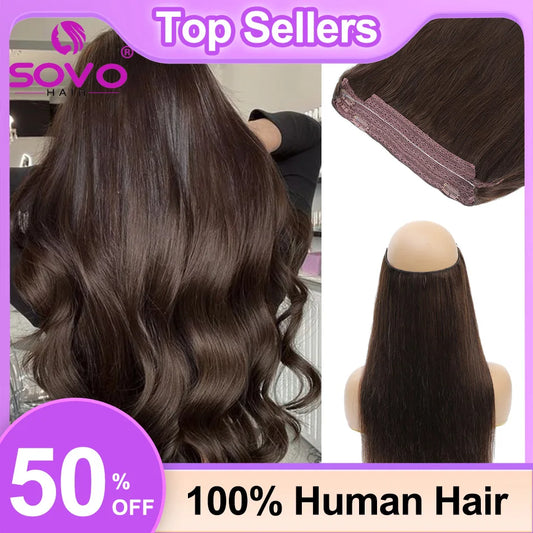 Halo Hair Extensions 100% Human Hair 14-28 Inch Hidden Wire Clip-In Hair Ombre Brown Color Human Remy Fish Line Hair Extension