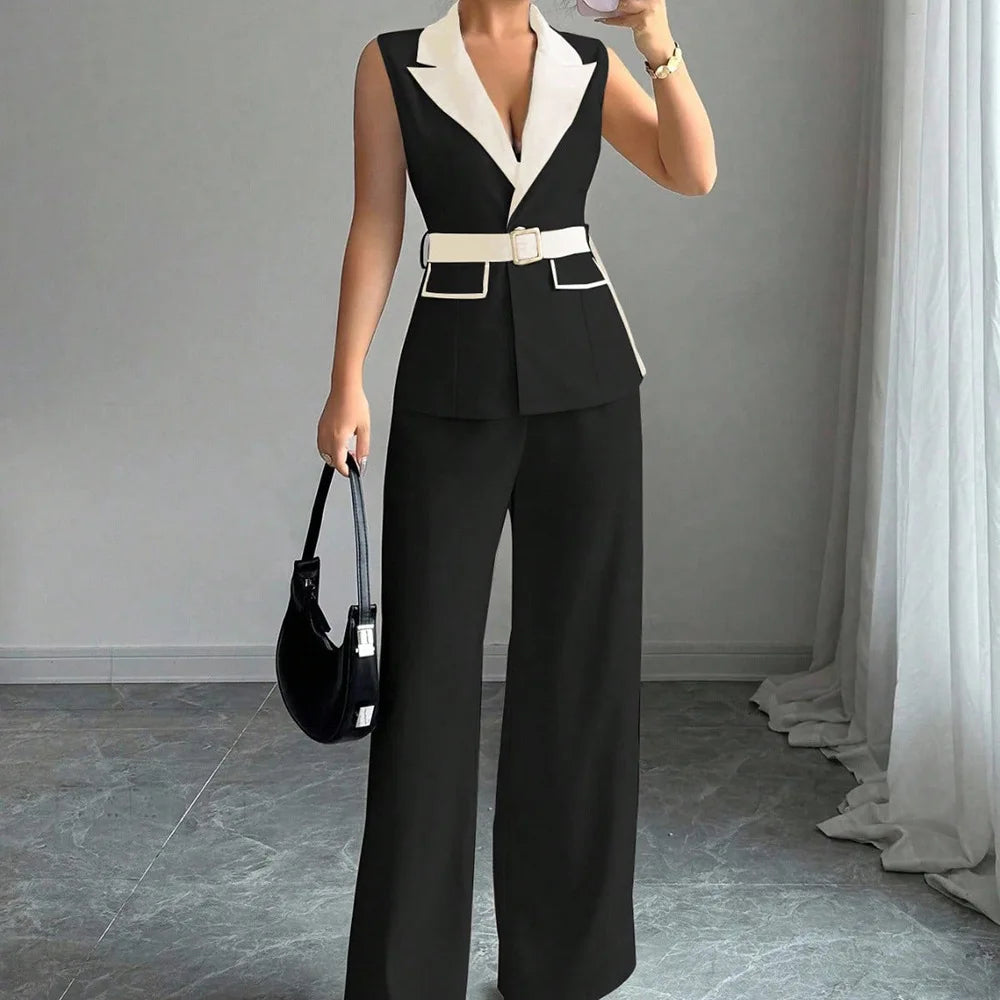 Ensemble gilet blazer sans manches élégant pour femme avec pantalon large et ceinture