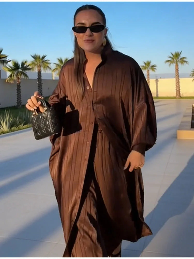 Beige Two-Piece Set Women Oversized Button-Down Shirt & High Waist Wide Leg Pants Y2K Summer Vacation Kaftan Outfit