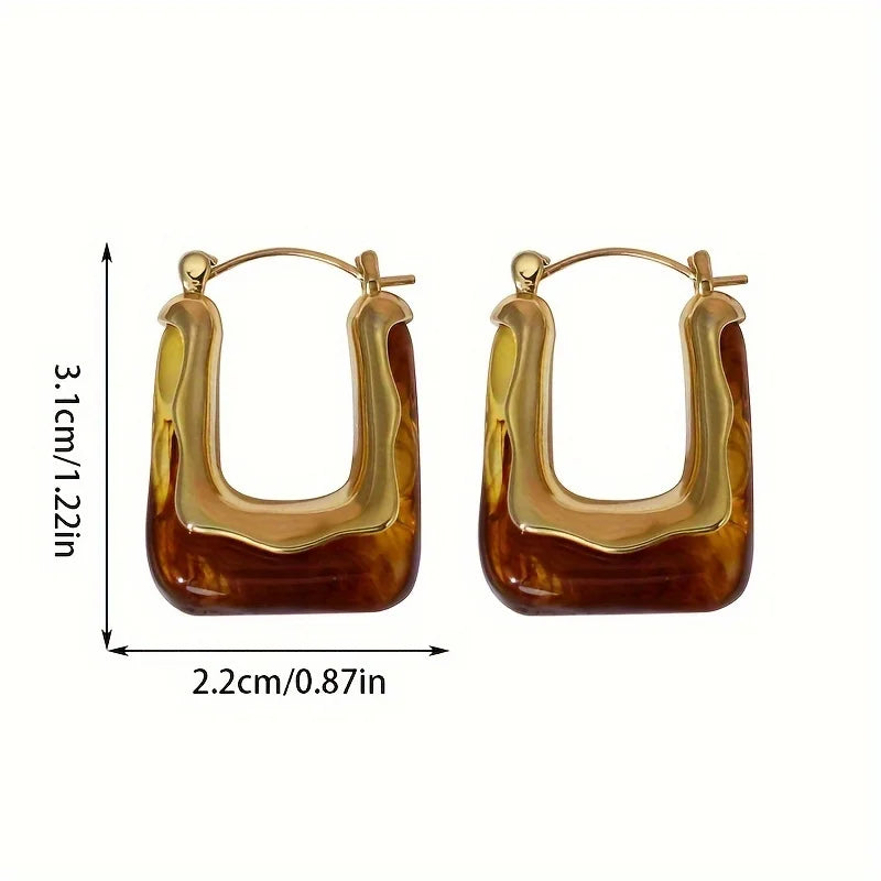 Elegant Vintage U-Shaped Hoop Earrings for Women Golden-Tone Finish & Resin Inlay Stylish Earring Party Jewelry Gifts