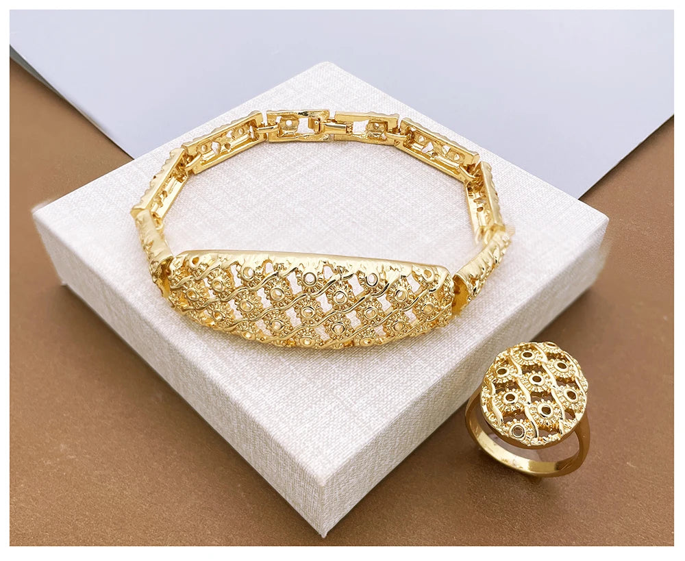 Dubai Jewelry Set Minimalistiese Quality Women Necklace Earrings Bracelet And Ring Luxury Design Weding Party Gift