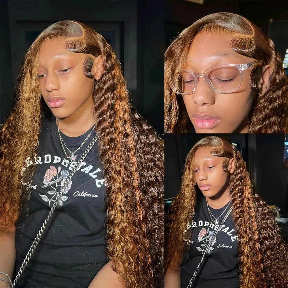 Perruque Deep Water Wave Highlight | Coloris 4/27 Miel Brun Ombré | 13x4 HD Lace Frontal | Cheveux Humains | Femme