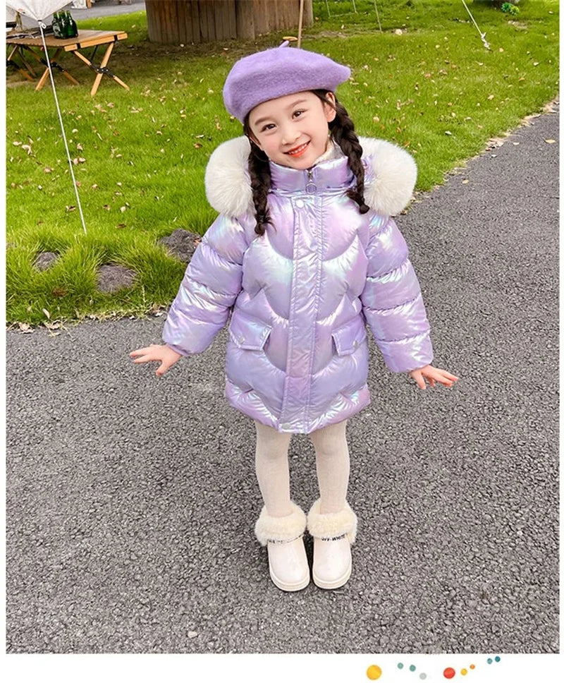 Doudoune Longue Fille Licorne | Imperméable Brillante | Col Fourrure Capuche | Parka Enfant Hiver