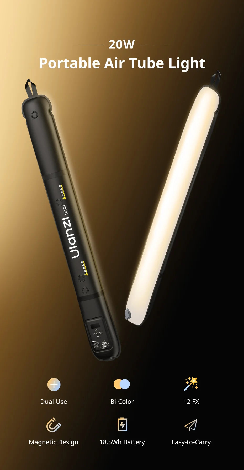Lampe Tube Air Portable Ulanzi UA20 20W | Lumière Fill Light Bicolore Pliable | Streaming & Extérieur