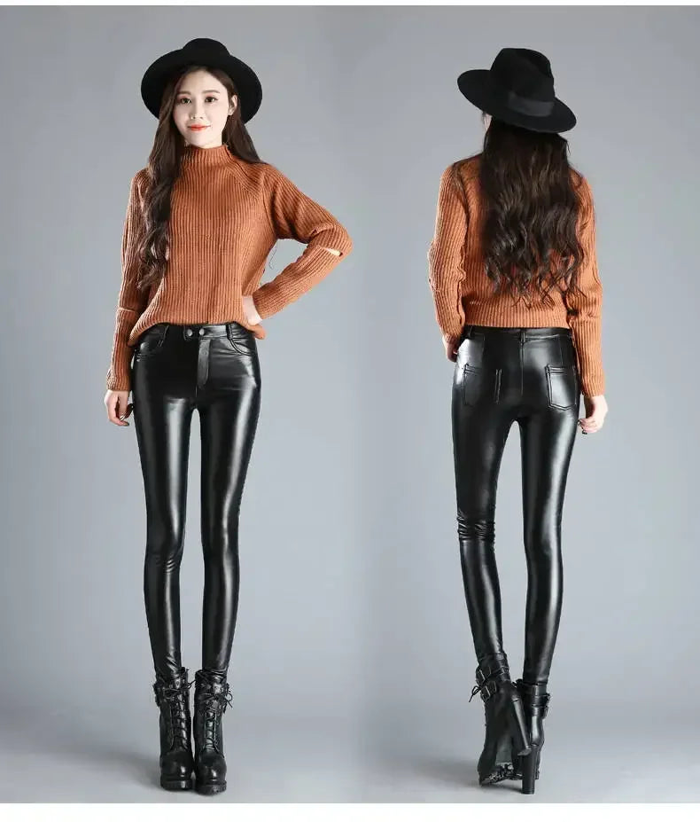 Pantalon Femme Cuir PU Cachemire | Taille Haute Slim Chaud | Polaire Intérieure | Automne-Hiver 2024 | Noir | S à XXXL