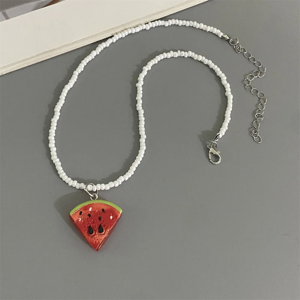 Collier Pendentif Fruits Fait Main | Perles Riz Bohème | Choker Pastèque Citron Fraise | Bijou Fille Femme
