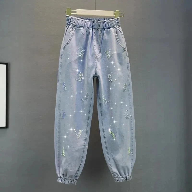 High-Waisted Jeans For Summer 2026 New Loose Elastic Waist Hot-Pressed Diamond Pants Women's Casual Denim Trousers
