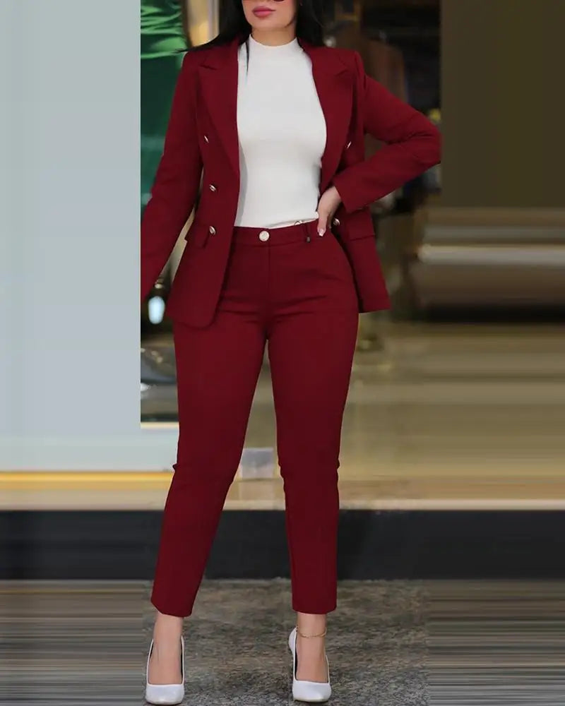 Pants Sets Two Piece Women Cardigan Blazer Double Breasted Slim Fit Pencil Pants Pockets Solid Casual Suits Outwear Spring 2025