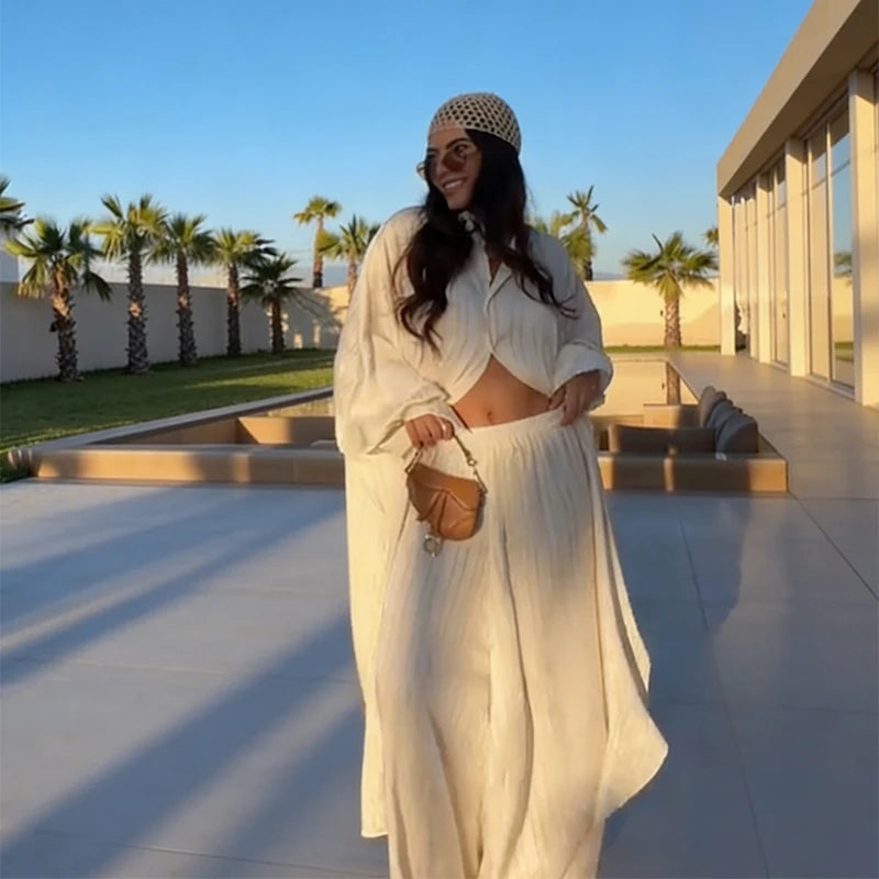 Beige Two-Piece Set Women Oversized Button-Down Shirt & High Waist Wide Leg Pants Y2K Summer Vacation Kaftan Outfit
