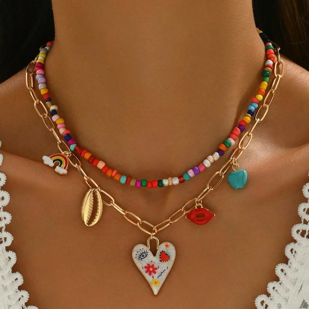 Collier Perles Bohème Multicouche Fait Main | Tassel Coloré Pendentif | Bijou Femme Accessoire