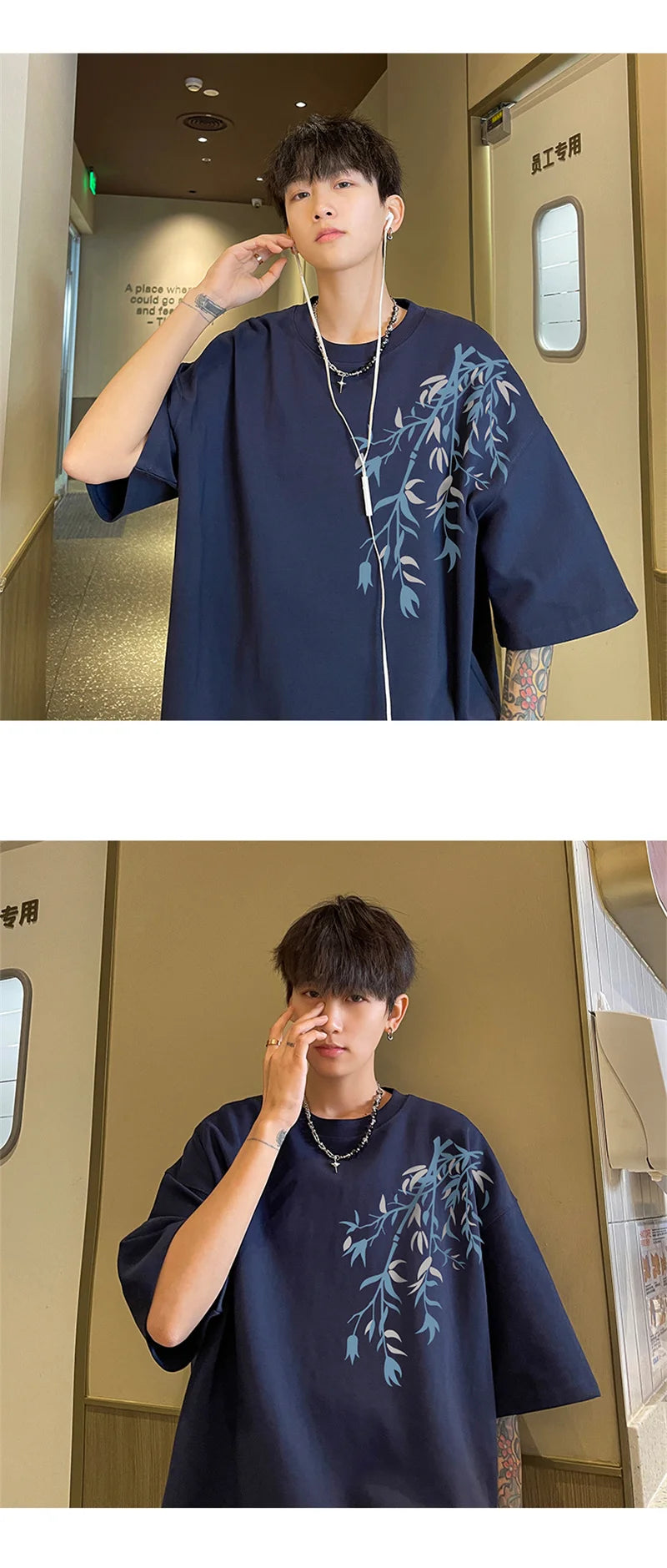T-Shirt Homme Oversize Coton | Blanc | Imprimé Bambou | Jusqu'au 5XL | Casual Été Mode