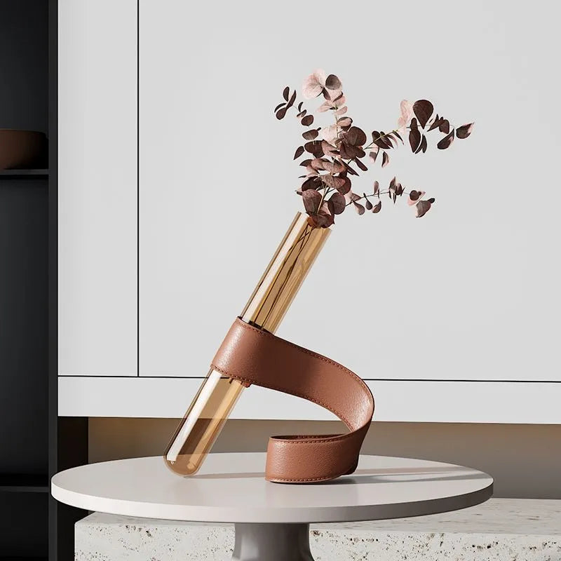 Vases Artistiques Nordiques Verre Tubulaire | Support Cuir Fait Main | Luxe & Décor Salon