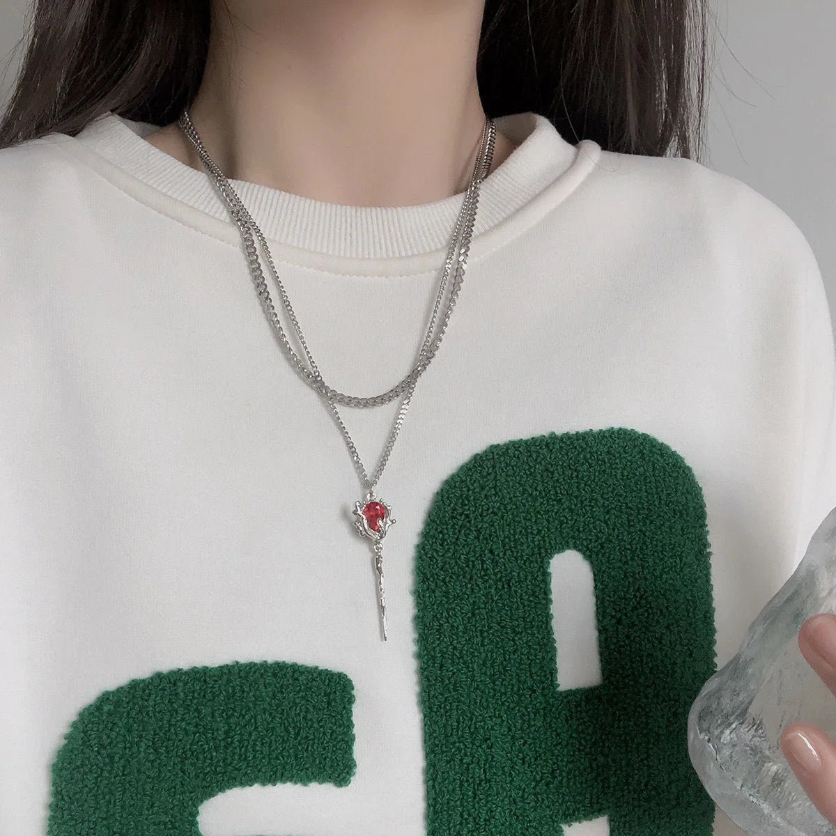 Two-Layer Mixed Chain Silver Necklace, Irregular Frame Red Crystal Thorn Pendant Gothic Cool Stack Collarbone Jewelry for Women