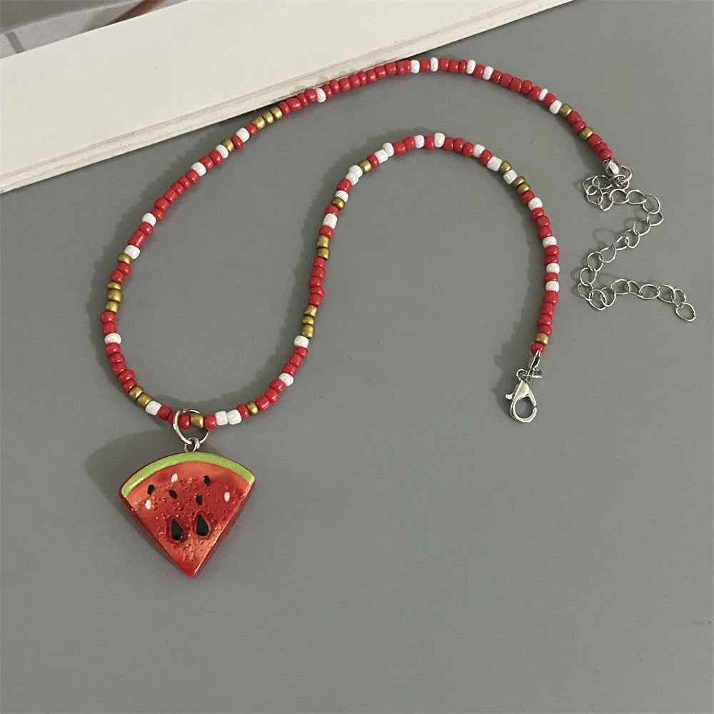 Collier Pendentif Fruits Fait Main | Perles Riz Bohème | Choker Pastèque Citron Fraise | Bijou Fille Femme