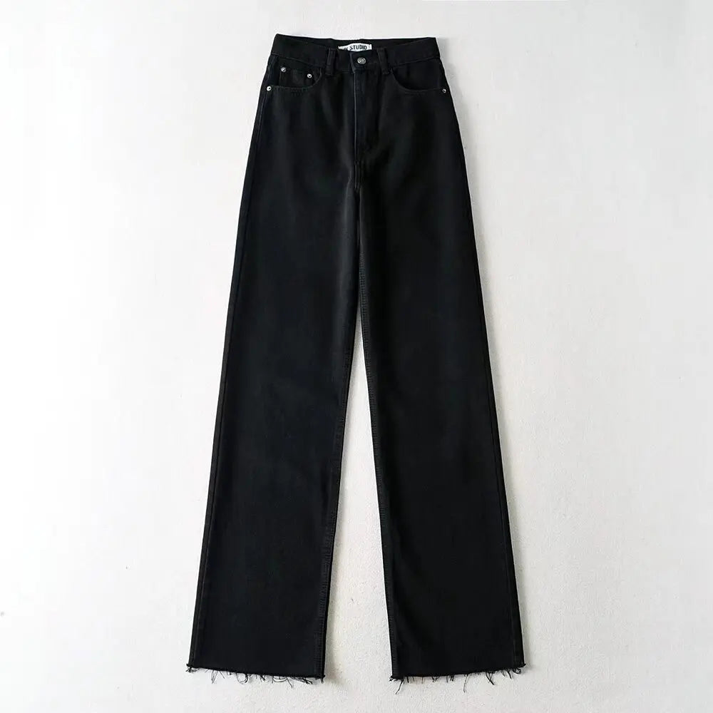Jean Femme Taille Haute 2025 | Printemps-Automne | Décontracté Droit | Ourlet Brut Longueur Sol | Vintage
