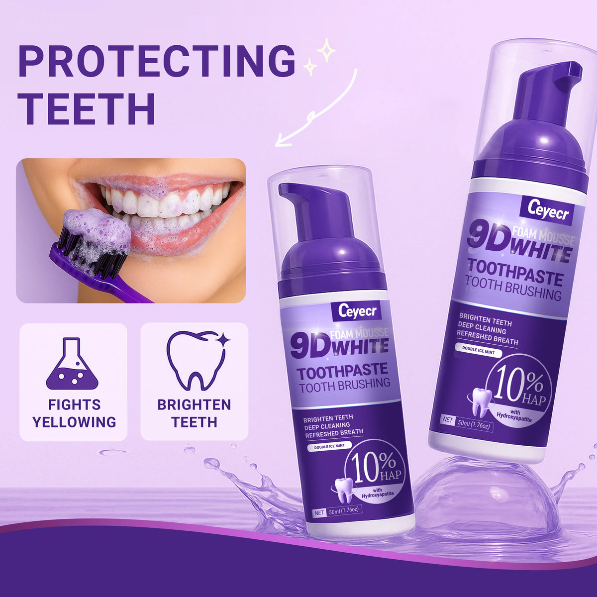 Mousse Dentifrice Blanchissante 9D | Élimine Dents Jaunes & Taches | Haleine Fraîche | Soin Dentaire