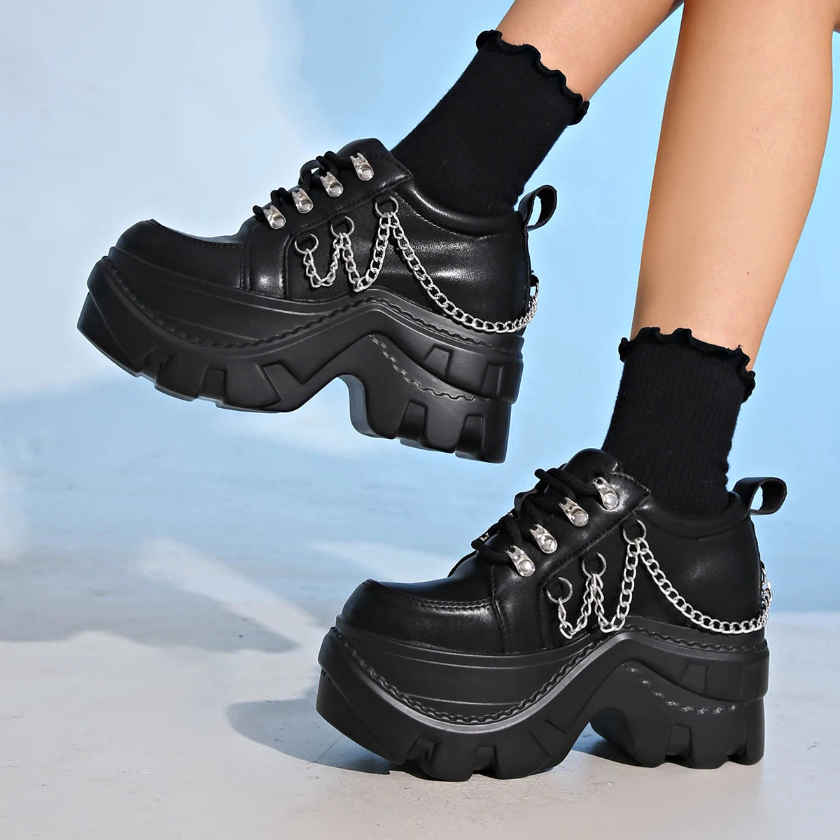 Sneakers Chunky Femme Gothique Punk | Décor Chaîne | Semelle Épaisse Antidérapante | Grande Taille