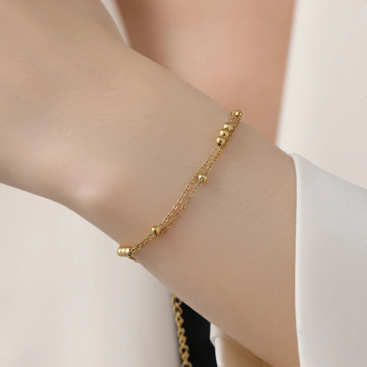 Bracelet Femme Plaqué Or | Double Rang Perles Rondes Rétro | Acier Inoxydable | Cadeau Anniversaire