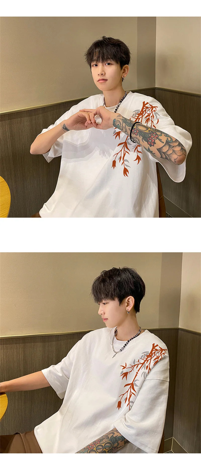 T-Shirt Homme Oversize Coton | Blanc | Imprimé Bambou | Jusqu'au 5XL | Casual Été Mode