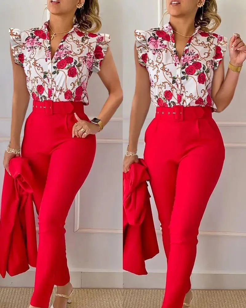 Women's Elegant Slim Two-Piece Sets Summer Fashion Print V Neck Button Flying Sleeve Shirt Top & Solid Long Pants Suits With Belt