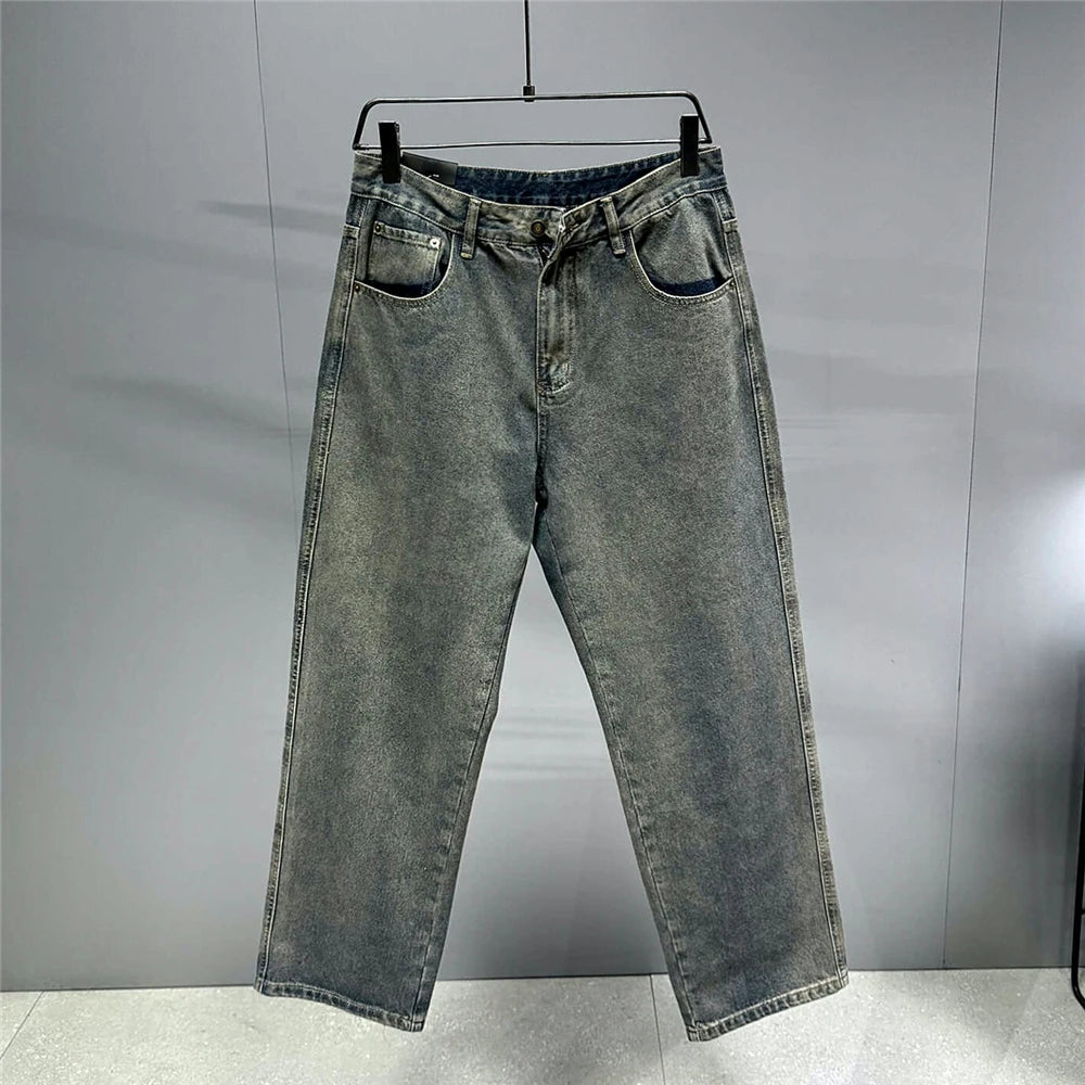 American Streetwear Baggy Jeans For Men's Clothing Vintage Distressed Gray Denim Pants Harajuku Casual Skateboard Pants Male