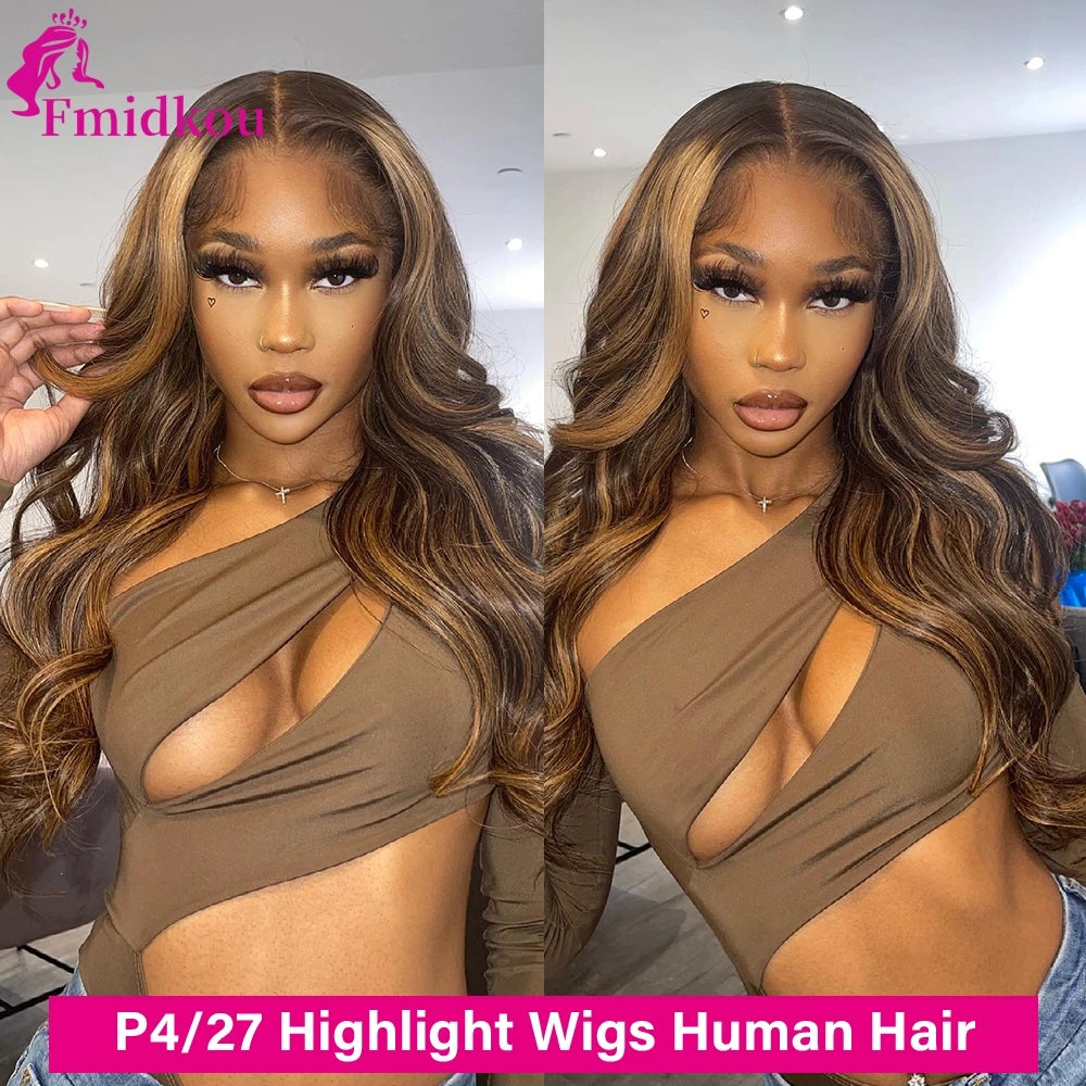 Highlight 13x6 HD Lace Frontal Human Hair Wig 4/27 Glueless Wigs Human Hair Clearance Sale Body Wave Human Hair Wigs For Women