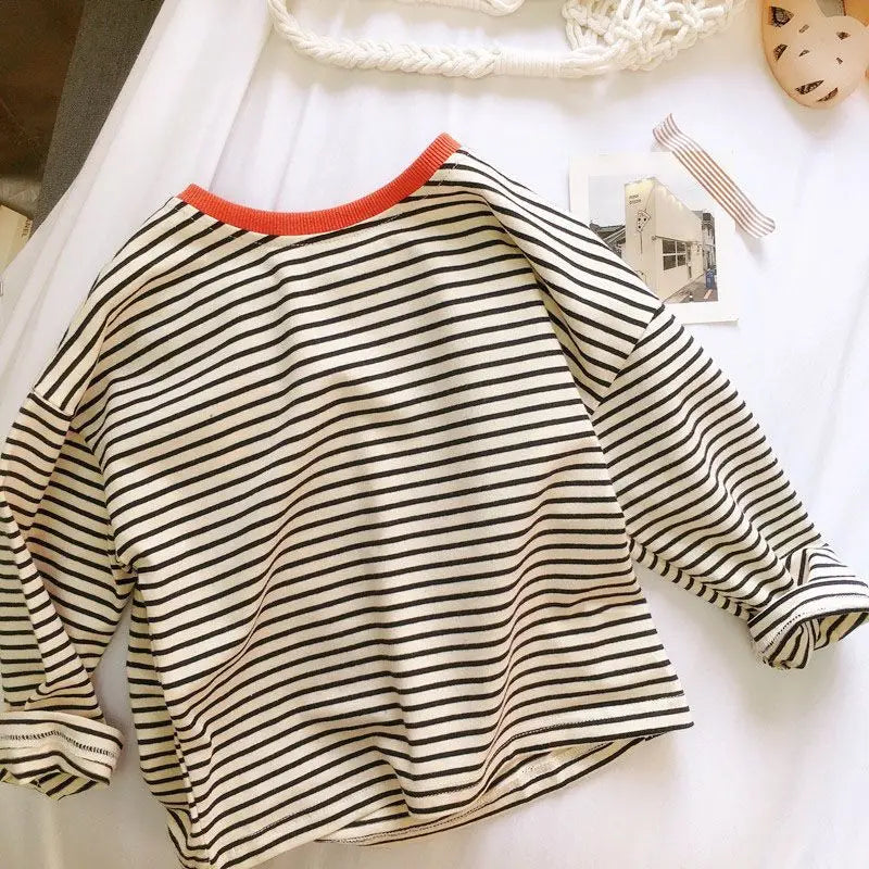 Boys and Girls Long-Sleeved T-shirt, Children's Base Layer, Spring and Autumn Pure Cotton Casual Versatile Striped Baby Top