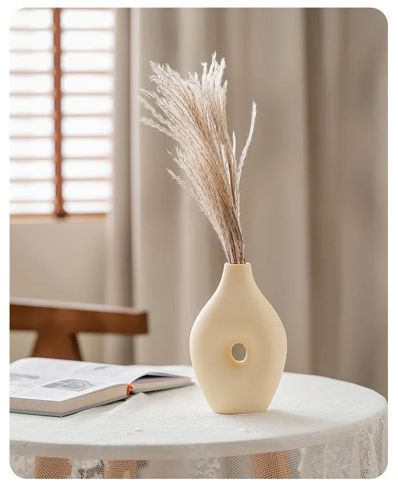 Vase Céramique Blanc Nordique | Fleurs Séchées | Décoration Salon & Bureau | Ornement Maison
