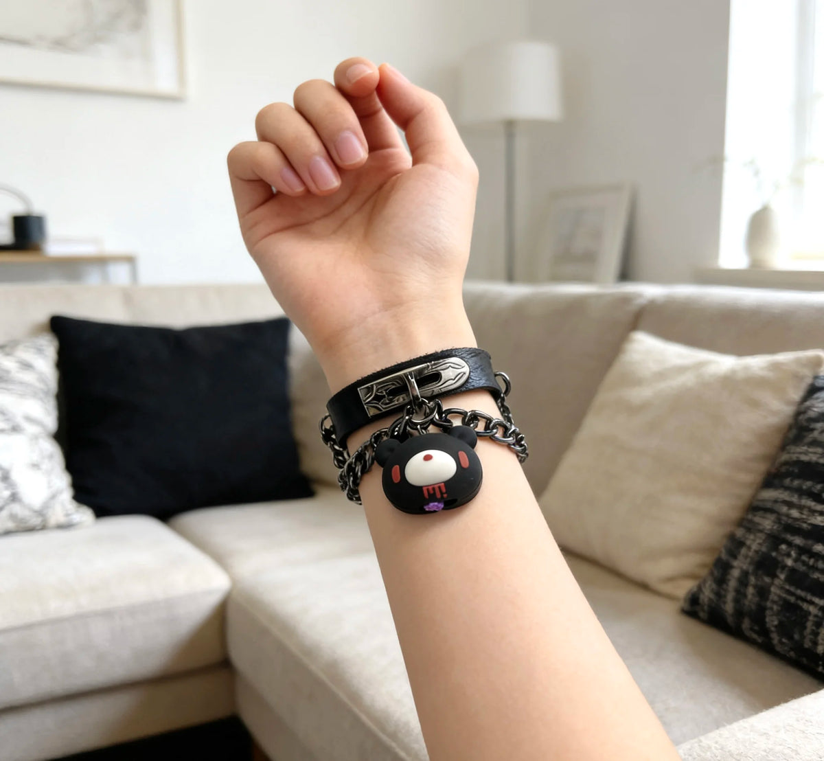 Cute Bear Charm Leather Bracelet Gothic Cute Style Adjustable Chain Wristband for Women Girls Daily Accessory
