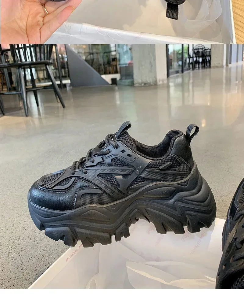2024 New Summer Black Chunky Casual Sneakers Women New Fashion Platform Sport Shoes Mesh Leather Platform Shoes