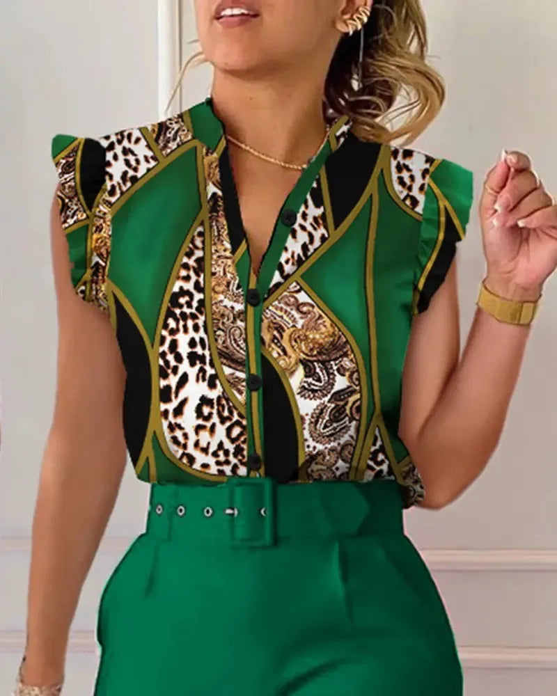 Women's Elegant Slim Two-Piece Sets Summer Fashion Print V Neck Button Flying Sleeve Shirt Top & Solid Long Pants Suits With Belt