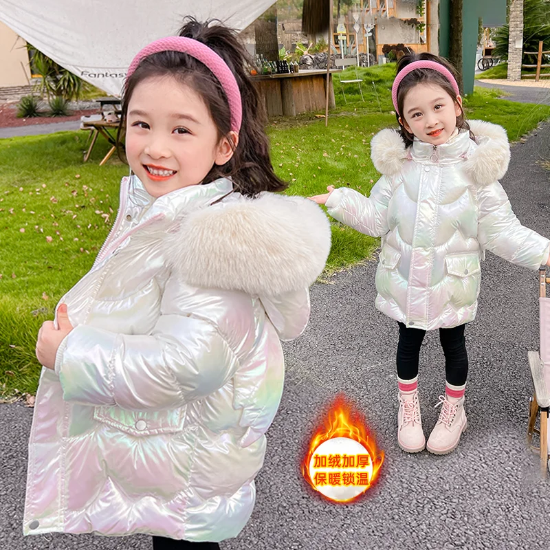 Doudoune Longue Fille Licorne | Imperméable Brillante | Col Fourrure Capuche | Parka Enfant Hiver