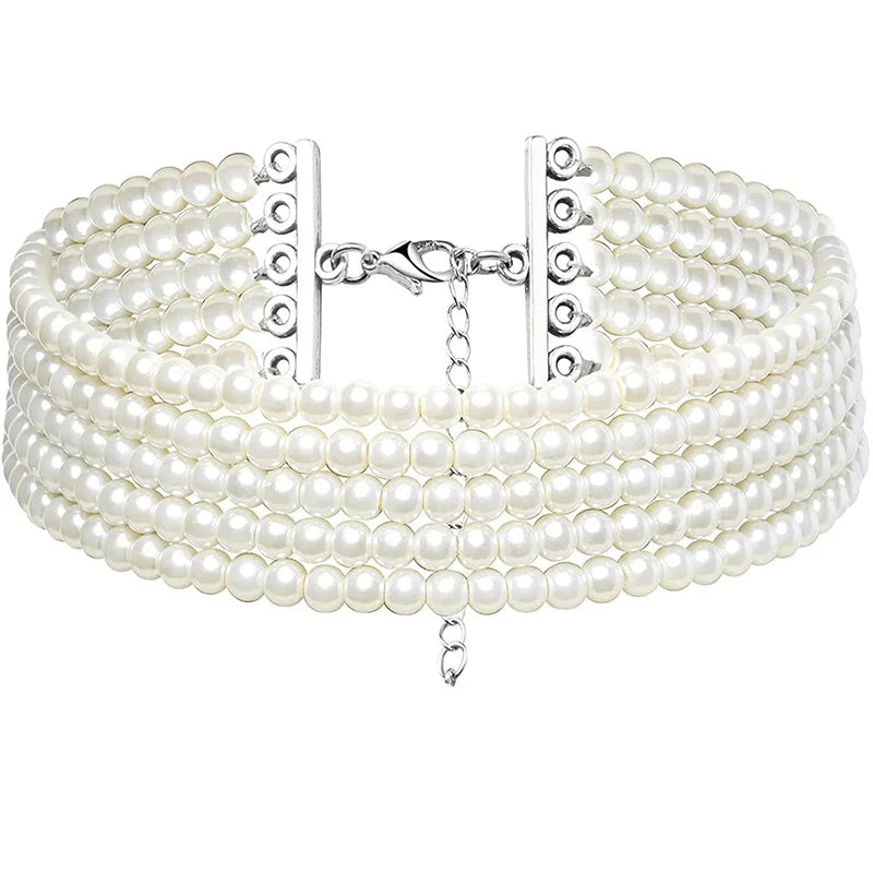 Collier Perle Blanche Multicouche 3-5 Rangées | Choker Bohème | Bijou Mariage Anniversaire Femme