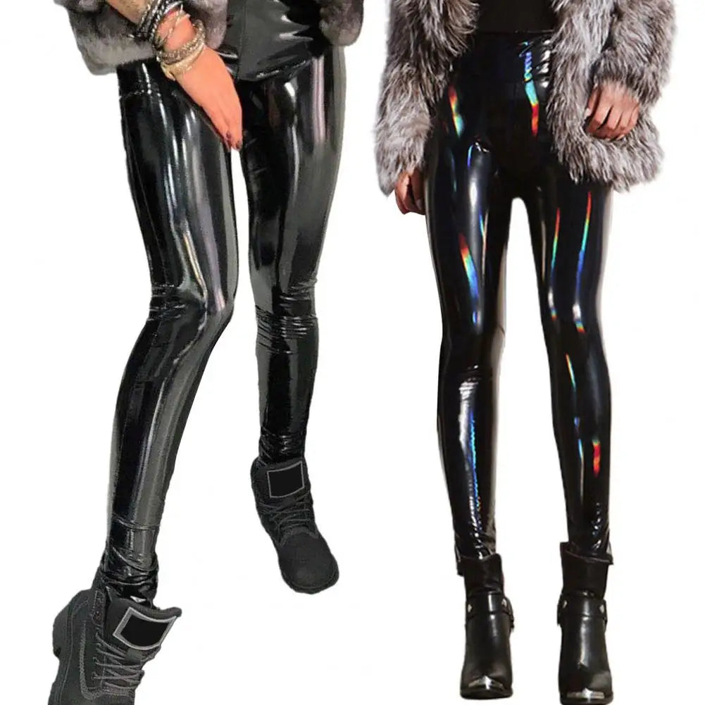 Pantalon Crayon Faux Cuir Femme | Taille Haute Miroir Brillant | Slim Soirée Nightclub | Sexy