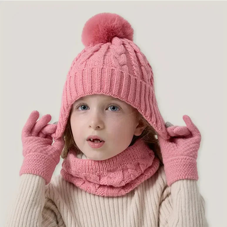 3pcs Kids Winter Warmth Set with Hat, Scarf & Gloves - Soft Pink &, Machine Washable, Polyester-Filled, Perfect for Outdoor