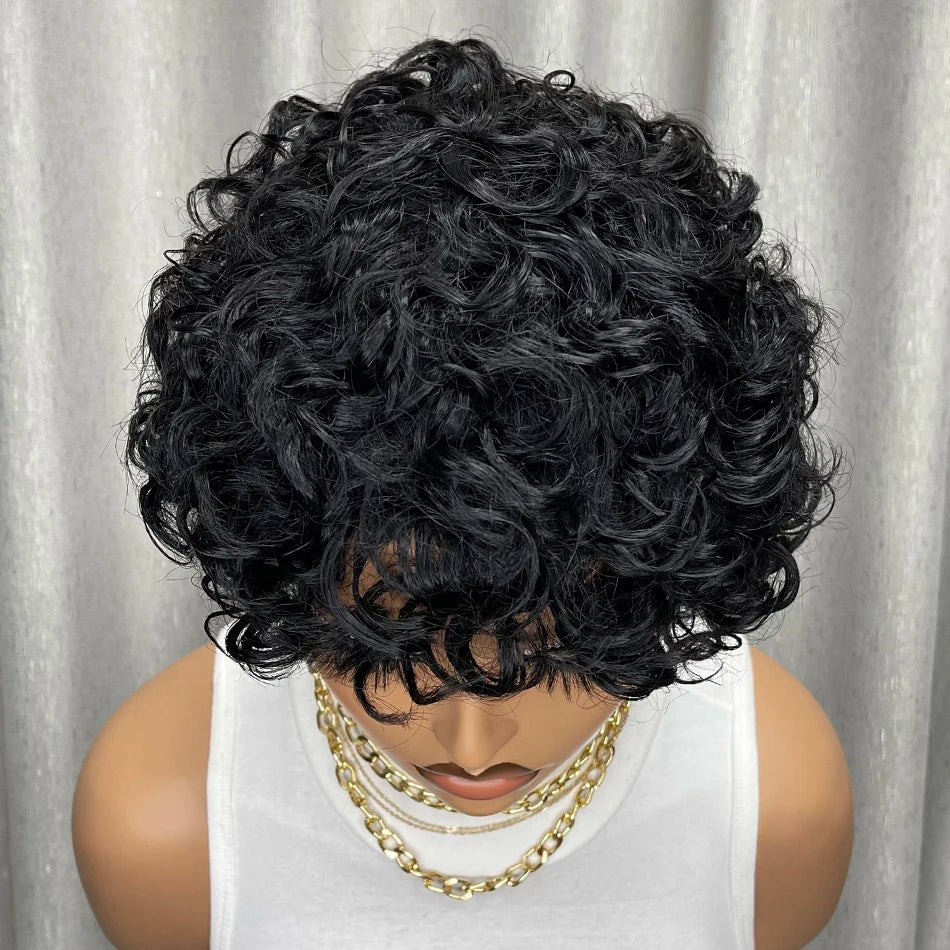 Kinky Curly Human Hair Wig Short Bob with Bangs for Black Women Machine Made Afro Curly Style Pre Plucked Natural Look Daily Wig