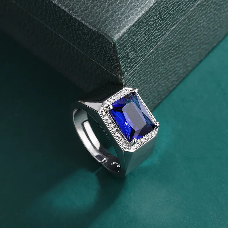 925 Sterling Silver Adjustable Ring for Men with Diamonds Sapphire and Emerald Open Design Jewelry Accessories for Men Gift
