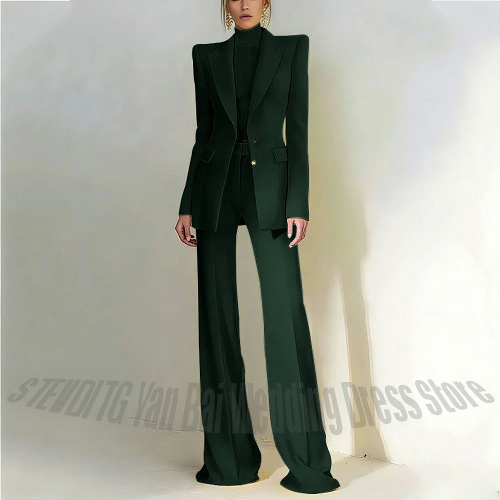 Women's Pant Suit 2 Piece Set Office Female Business Work Formal Jacket Trouser One Button Chic Yellow Peaked Lapel Elegant Suit