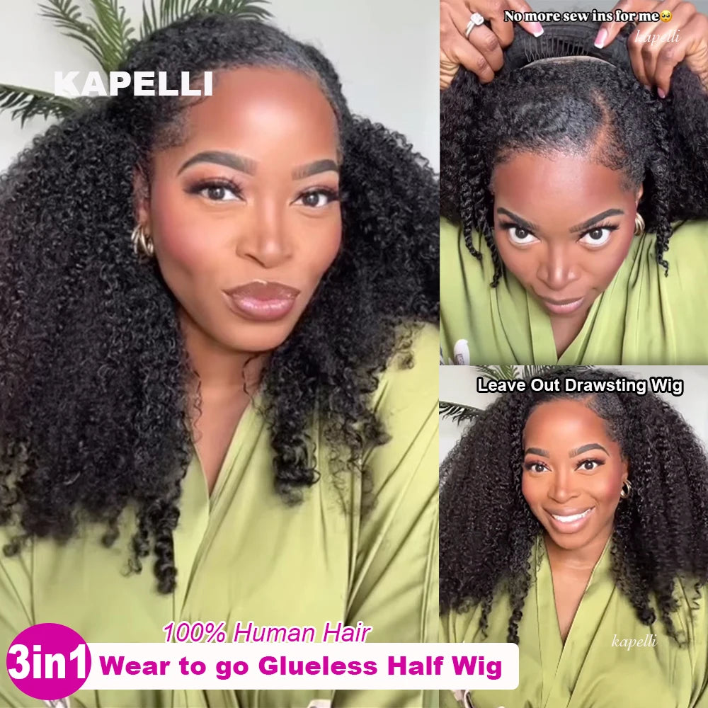 Demi-Perruque Cheveux Humains 180% | Kinky Curly | Invisible Hairline | Cordon Coulissant | 3 en 1