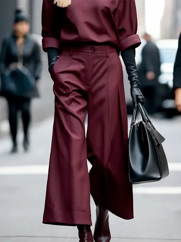 Women's Wine Red High Waist Wide Leg Pants 2026 Summer Fashion Pleated Ninth Pants Matching Bottoms Streetwear Trousers