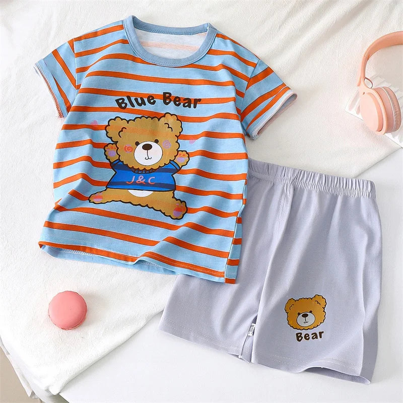 Pyjama 2 Pièces Enfant Coton | T-Shirt & Short | Cartoon Ours Dinosaure | Bébé 1-4 Ans Été